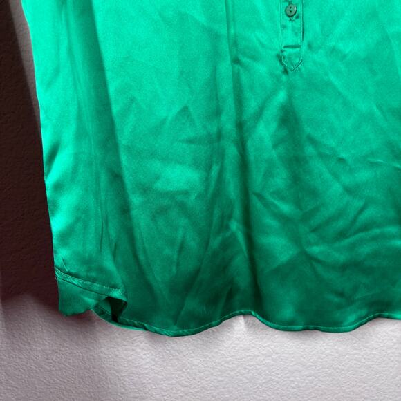 Gold Hawk XS Popover Shirt Blouse Green Silk Satin Split Neck Short Sleeves - Picture 5 of 7